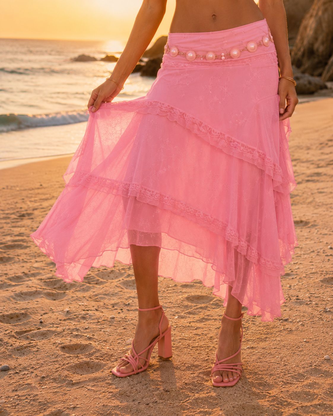 Pink layered Marea skirt at sunset